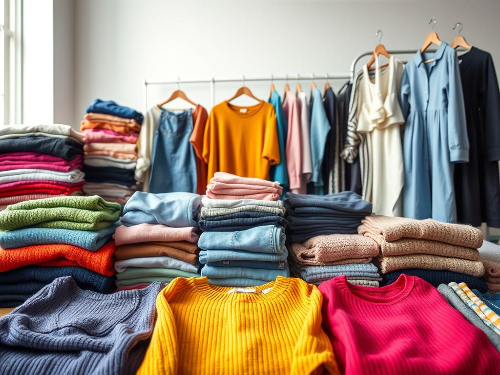 A neatly arranged display of secondhand clothing items, known as "prendas" in Spanish, captures the essence of a vibrant Facebook Marketplace resale scene. In the foreground, a carefully curated selection of colorful, high-quality garments stands out against a soft, natural light. The middle ground features a mix of folded sweaters, jeans, and dresses, each showcasing their unique textures and hues. In the background, a minimal, uncluttered setting allows the "prendas" to take center stage, inviting potential buyers to imagine the stories and possibilities within each piece. The overall atmosphere conveys a sense of thoughtful curation, highlighting the value and appeal of these pre-owned items.