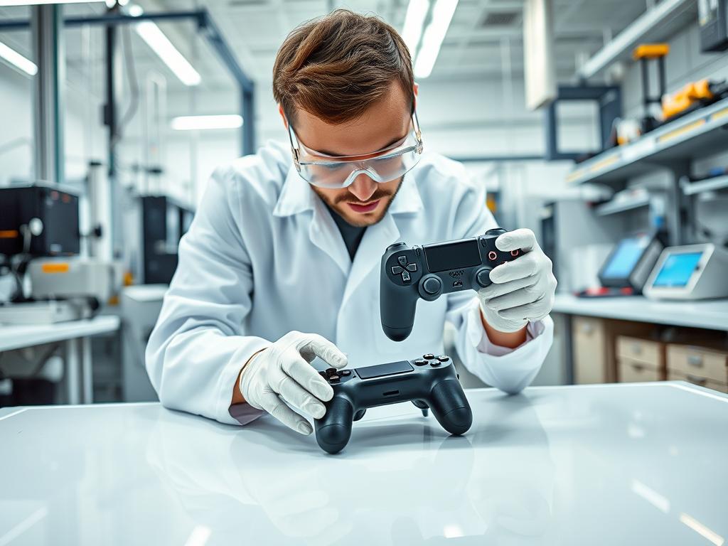 A professional quality control inspection station with a technician closely examining a video game controller. The scene is set in a well-lit, organized laboratory environment with various testing equipment and tools visible in the background. The controller is positioned on a clean, reflective surface, allowing the inspector to thoroughly inspect every component and connection. The technician wears a white lab coat, goggles, and gloves, conveying a sense of precision and attention to detail. The lighting is bright and even, casting no harsh shadows, to ensure optimal visibility during the quality control process. The overall atmosphere is one of meticulous, systematic testing to ensure the highest standards of game controller performance and reliability. A professional quality control inspection station with a technician closely examining a video game controller. The scene is set in a well-lit, organized laboratory environment with various testing equipment and tools visible in the background. The controller is positioned on a clean, reflective surface, allowing the inspector to thoroughly inspect every component and connection. The technician wears a white lab coat, goggles, and gloves, conveying a sense of precision and attention to detail. The lighting is bright and even, casting no harsh shadows, to ensure optimal visibility during the quality control process. The overall atmosphere is one of meticulous, systematic testing to ensure the highest standards of game controller performance and reliability.