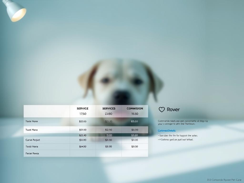 A professional, well-designed infographic showcasing the pricing, commissions, and important details for the Rover pet care service. The foreground features a clean, minimalist table layout highlighting the various service tiers and associated costs. The middle ground includes subtle icons and graphical elements to visually communicate the key information. The background has a soft, blurred gradient in muted tones of blue and green, creating a sense of tranquility and trust. The overall composition is balanced, with ample white space to make the content easy to read and digest. Subtle lighting from the top left casts gentle shadows, adding depth and dimensionality to the scene. A professional, well-designed infographic showcasing the pricing, commissions, and important details for the Rover pet care service. The foreground features a clean, minimalist table layout highlighting the various service tiers and associated costs. The middle ground includes subtle icons and graphical elements to visually communicate the key information. The background has a soft, blurred gradient in muted tones of blue and green, creating a sense of tranquility and trust. The overall composition is balanced, with ample white space to make the content easy to read and digest. Subtle lighting from the top left casts gentle shadows, adding depth and dimensionality to the scene.