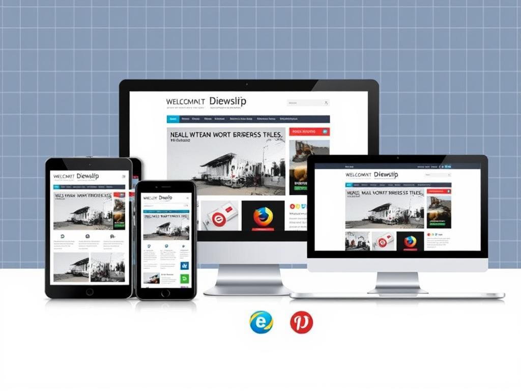 A responsive WordPress theme displayed across multiple devices, showcasing its adaptability and cross-browser compatibility. The foreground features a smartphone, tablet, and desktop computer, each displaying the same website layout with seamless transitions between screen sizes. The middle ground depicts various web browser icons, representing the theme's ability to render consistently across different platforms. In the background, a subtle grid pattern symbolizes the technical aspects of responsive web design. The overall scene conveys a sense of harmony, efficiency, and the versatility of the WordPress theme, ready to provide an optimal user experience on any device or browser. A responsive WordPress theme displayed across multiple devices, showcasing its adaptability and cross-browser compatibility. The foreground features a smartphone, tablet, and desktop computer, each displaying the same website layout with seamless transitions between screen sizes. The middle ground depicts various web browser icons, representing the theme's ability to render consistently across different platforms. In the background, a subtle grid pattern symbolizes the technical aspects of responsive web design. The overall scene conveys a sense of harmony, efficiency, and the versatility of the WordPress theme, ready to provide an optimal user experience on any device or browser.