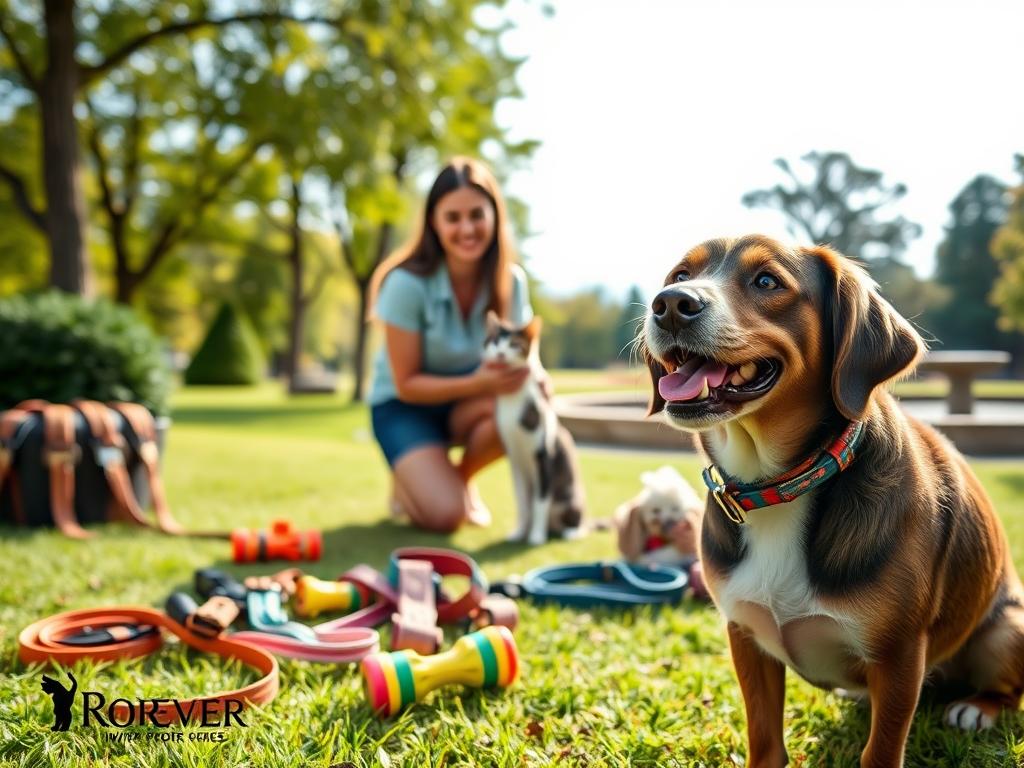 A serene and inviting outdoor scene showcasing the various pet care services offered by Rover. In the foreground, a well-groomed dog happily plays with a colorful toy, surrounded by a selection of leashes, collars, and accessories. In the middle ground, a smiling pet sitter interacts with a cat, demonstrating the attentive care provided by Rover's team. The background features a tranquil park setting with lush greenery, a sunny sky, and a peaceful water feature, conveying the comfortable and relaxing environment for pets. The lighting is soft and natural, captured through a wide-angle lens to encompass the full scope of Rover's comprehensive pet care offerings. A serene and inviting outdoor scene showcasing the various pet care services offered by Rover. In the foreground, a well-groomed dog happily plays with a colorful toy, surrounded by a selection of leashes, collars, and accessories. In the middle ground, a smiling pet sitter interacts with a cat, demonstrating the attentive care provided by Rover's team. The background features a tranquil park setting with lush greenery, a sunny sky, and a peaceful water feature, conveying the comfortable and relaxing environment for pets. The lighting is soft and natural, captured through a wide-angle lens to encompass the full scope of Rover's comprehensive pet care offerings.