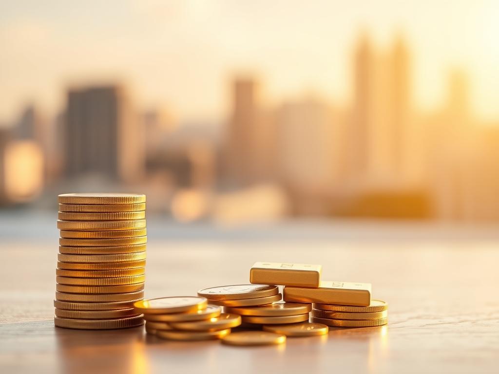 A serene and tranquil scene depicting the concept of "estrategias inversión pasiva". In the foreground, a neatly stacked pile of gold coins and bars, representing the wealth generated through passive investment strategies. In the middle ground, a symbolic representation of an exchange-traded fund (ETF), with its simple and elegant design. The background features a softly blurred cityscape, conveying a sense of stability and long-term growth. The lighting is warm and natural, casting a golden glow over the scene, creating a sense of security and stability. The overall composition is balanced and visually appealing, reflecting the principles of passive investing: low-cost, diversified, and patient. A serene and tranquil scene depicting the concept of "estrategias inversión pasiva". In the foreground, a neatly stacked pile of gold coins and bars, representing the wealth generated through passive investment strategies. In the middle ground, a symbolic representation of an exchange-traded fund (ETF), with its simple and elegant design. The background features a softly blurred cityscape, conveying a sense of stability and long-term growth. The lighting is warm and natural, casting a golden glow over the scene, creating a sense of security and stability. The overall composition is balanced and visually appealing, reflecting the principles of passive investing: low-cost, diversified, and patient.
