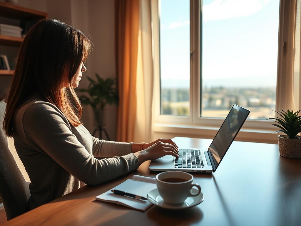A serene home office scene with a person sitting at a desk, completing an online survey on a laptop. The lighting is warm and inviting, casting a soft glow over the workspace. The desk is neatly organized, with a cup of coffee, a notepad, and a pen within reach. Through a window, a picturesque landscape is visible, hinting at the flexibility and comfort of earning money through survey participation. The overall atmosphere conveys a sense of productivity, relaxation, and the potential for financial gain.