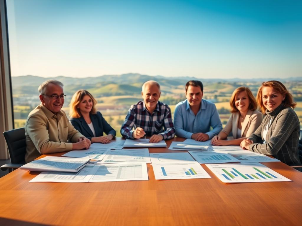 A serene office setting, with a large wooden table in the foreground, showcasing risk management documents and charts. In the middle ground, a group of cooperative members engaged in a lively discussion, their expressions reflecting both concern and determination. The background features a panoramic view of rolling hills and a clear blue sky, symbolizing the vast agricultural landscape they operate in. Warm, natural lighting illuminates the scene, creating a sense of optimism and possibility. The overall composition conveys the challenges and opportunities inherent in managing risks within the cooperative framework, ready to inspire and guide the audience.