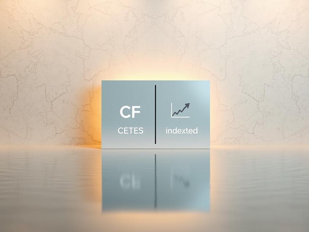 A serene yet striking visual representation of the differences between CETES and indexed funds. Against a subtly textured backdrop, a prominent central panel displays the striking contrast between the two investment options, their symbols and key features artfully juxtaposed. Soft, warm lighting illuminates the scene, creating a sense of depth and dimension. The overall composition is balanced and visually harmonious, drawing the viewer's attention to the core concepts in a clear, elegant manner. The resulting image conveys the essence of the subject matter in a visually compelling way, complementing the accompanying article seamlessly. A serene yet striking visual representation of the differences between CETES and indexed funds. Against a subtly textured backdrop, a prominent central panel displays the striking contrast between the two investment options, their symbols and key features artfully juxtaposed. Soft, warm lighting illuminates the scene, creating a sense of depth and dimension. The overall composition is balanced and visually harmonious, drawing the viewer's attention to the core concepts in a clear, elegant manner. The resulting image conveys the essence of the subject matter in a visually compelling way, complementing the accompanying article seamlessly.