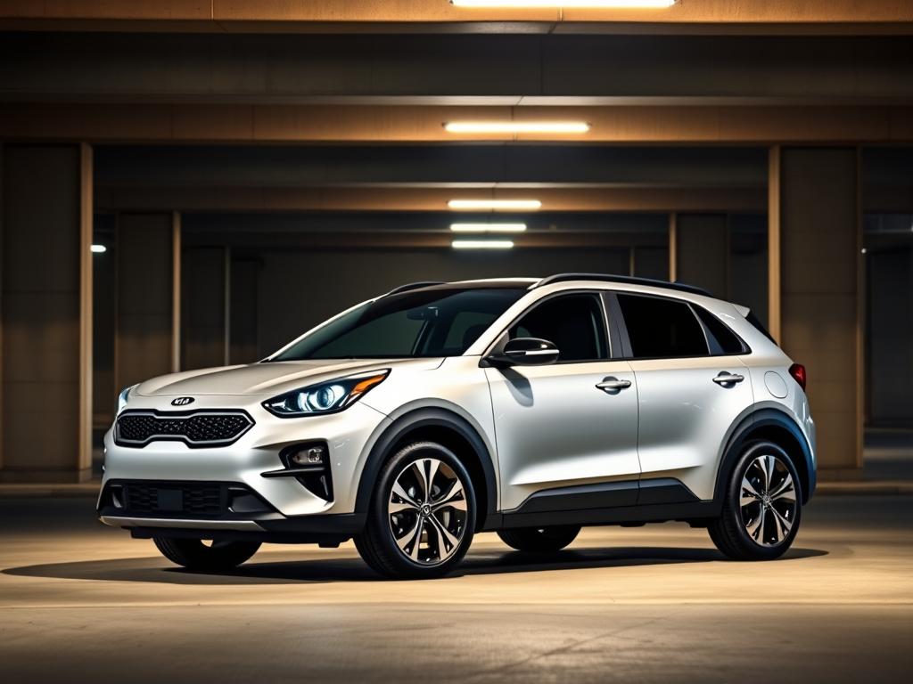 A sleek, modern Kia Niro parked in a well-lit underground garage, its metallic silver exterior gleaming under the warm, ambient lighting. The vehicle is positioned at a slight angle, showcasing its distinctive, aerodynamic silhouette. In the background, the structured concrete walls and pillars create a minimalist, urban backdrop, complementing the car's clean, sophisticated design. The Niro's LED headlights and taillights are subtly illuminated, adding a touch of elegance to the scene. The overall mood is one of convenience, efficiency, and the seamless integration of technology into everyday life. A sleek, modern Kia Niro parked in a well-lit underground garage, its metallic silver exterior gleaming under the warm, ambient lighting. The vehicle is positioned at a slight angle, showcasing its distinctive, aerodynamic silhouette. In the background, the structured concrete walls and pillars create a minimalist, urban backdrop, complementing the car's clean, sophisticated design. The Niro's LED headlights and taillights are subtly illuminated, adding a touch of elegance to the scene. The overall mood is one of convenience, efficiency, and the seamless integration of technology into everyday life.