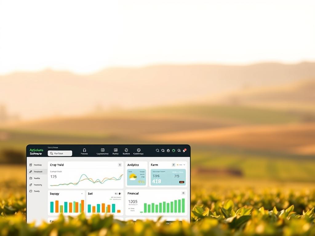 A sleek, modern agricultural software interface with a clean, minimalist design. In the foreground, a responsive dashboard displays key data visualizations and analytics, offering intuitive tools for monitoring crop yields, soil health, and weather patterns. The middle ground features a navigation menu with clearly labeled sections for farm management, inventory tracking, and financial reporting. In the background, a soft, out-of-focus landscape of rolling hills and verdant fields, conveying a sense of nature's harmony with technology. Warm, diffused lighting creates a calming, productive atmosphere, while the composition emphasizes simplicity, efficiency, and the seamless integration of digital and agricultural elements.