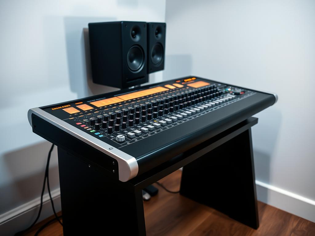 A sleek, modern audio mixing console with a polished, chrome-accented surface sits atop a minimalist, black wooden desk. The console features an array of knobs, sliders, and buttons, casting a warm, soft glow from its backlit LED displays. The scene is bathed in a gentle, diffused lighting, casting long shadows and highlighting the intricate controls. In the background, a pair of high-fidelity studio monitors stand ready, their angled positioning suggesting a professional, immersive listening experience. The overall atmosphere is one of precision, technology, and a passion for audio production.