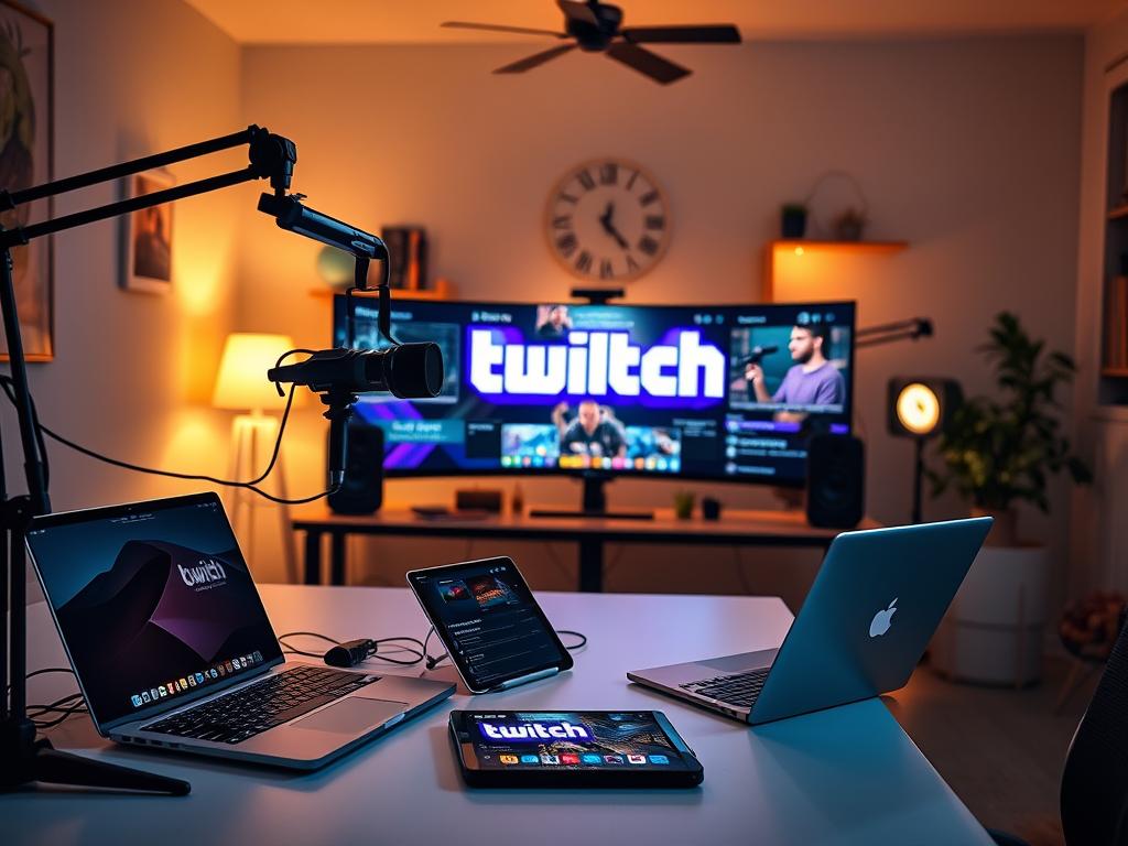 A sleek, modern streaming setup with a professional-grade webcam, microphone, and lighting. The foreground features a streamlined desk with a laptop, tablet, and various streaming equipment, all arranged in a clean, minimalist layout. The middle ground showcases an ultra-wide monitor displaying the Twitch logo and a live stream in progress, with a dynamic, engaging visual interface. The background depicts a cozy, well-lit home office space, with warm lighting, subtle textures, and a sense of focus and productivity. The overall atmosphere conveys a polished, high-quality streaming experience, reflecting the technical expertise and passion of the streamer. A sleek, modern streaming setup with a professional-grade webcam, microphone, and lighting. The foreground features a streamlined desk with a laptop, tablet, and various streaming equipment, all arranged in a clean, minimalist layout. The middle ground showcases an ultra-wide monitor displaying the Twitch logo and a live stream in progress, with a dynamic, engaging visual interface. The background depicts a cozy, well-lit home office space, with warm lighting, subtle textures, and a sense of focus and productivity. The overall atmosphere conveys a polished, high-quality streaming experience, reflecting the technical expertise and passion of the streamer.