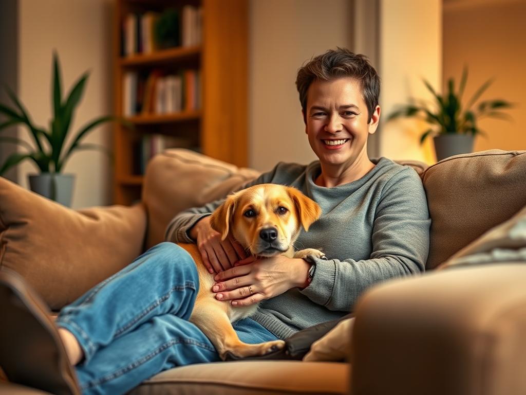 A smiling client sitting comfortably on a plush sofa, petting a friendly dog resting on their lap. The room is warmly lit, with soft indirect lighting casting a cozy glow. In the background, a bookshelf and a few potted plants create a welcoming, homely atmosphere. The client's expression is one of contentment and joy, reflecting the care and companionship provided by the dog. The overall scene conveys the idea of a trusted and reliable pet-sitting service like Rover, where both the client and their furry friend can feel at ease. A smiling client sitting comfortably on a plush sofa, petting a friendly dog resting on their lap. The room is warmly lit, with soft indirect lighting casting a cozy glow. In the background, a bookshelf and a few potted plants create a welcoming, homely atmosphere. The client's expression is one of contentment and joy, reflecting the care and companionship provided by the dog. The overall scene conveys the idea of a trusted and reliable pet-sitting service like Rover, where both the client and their furry friend can feel at ease.