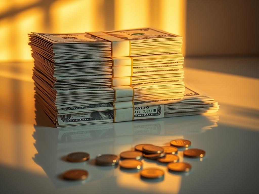 A stacks of neatly organized United States dollar bills, illuminated by warm golden lighting, casting long shadows on a clean, reflective surface. The money appears crisp and freshly printed, conveying a sense of wealth and prosperity. In the foreground, a few scattered coins add a tactile, textural element to the scene. The overall composition is balanced and visually striking, capturing the essence of "dinero puede ganar" in a clean, minimalist aesthetic.