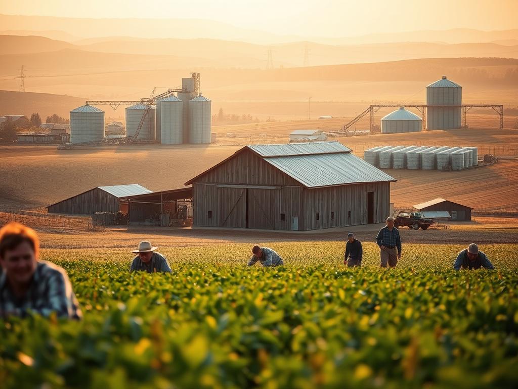 A thriving agricultural cooperative, its fields stretching across the rolling landscape. In the foreground, farmers tending to the crops, their faces weathered by the sun. A large barn stands in the middle ground, its wooden beams and tin roof reflecting the warm light. In the background, a network of silos and storage facilities, indicative of the cooperative's efficient storage and distribution systems. The scene is illuminated by a soft, golden glow, creating a sense of prosperity and community. A wide-angle lens captures the expansive scope of the cooperative's operations, while a low camera angle emphasizes the scale and importance of the enterprise.
