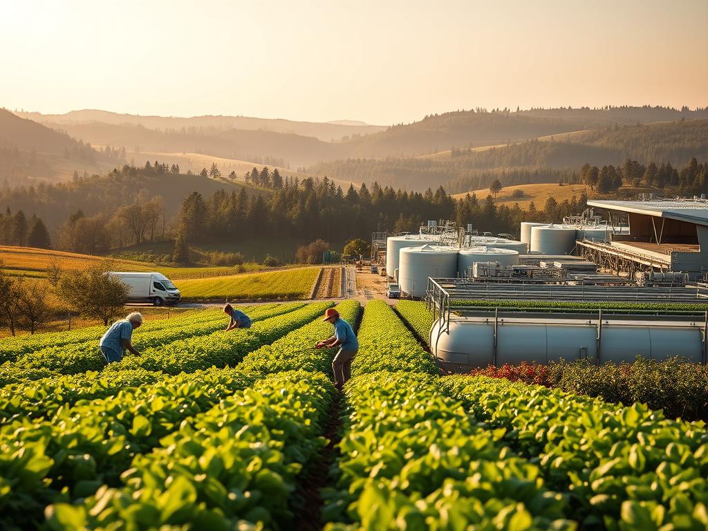 A thriving agricultural cooperative, its members working in harmony to cultivate a verdant landscape. In the foreground, farmers expertly tend to their crops, employing sustainable techniques that maximize yield and minimize environmental impact. The middle ground features sleek, modern processing facilities, where the cooperative's harvest is carefully sorted, packaged, and prepared for distribution. In the background, rolling hills and lush forests provide a picturesque backdrop, conveying a sense of balance and natural abundance. Warm, golden sunlight filters through the scene, illuminating the cooperative's efficiency and prosperity. The overall mood is one of collaborative success, with the cooperative serving as a model for sustainable, community-driven agricultural initiatives.