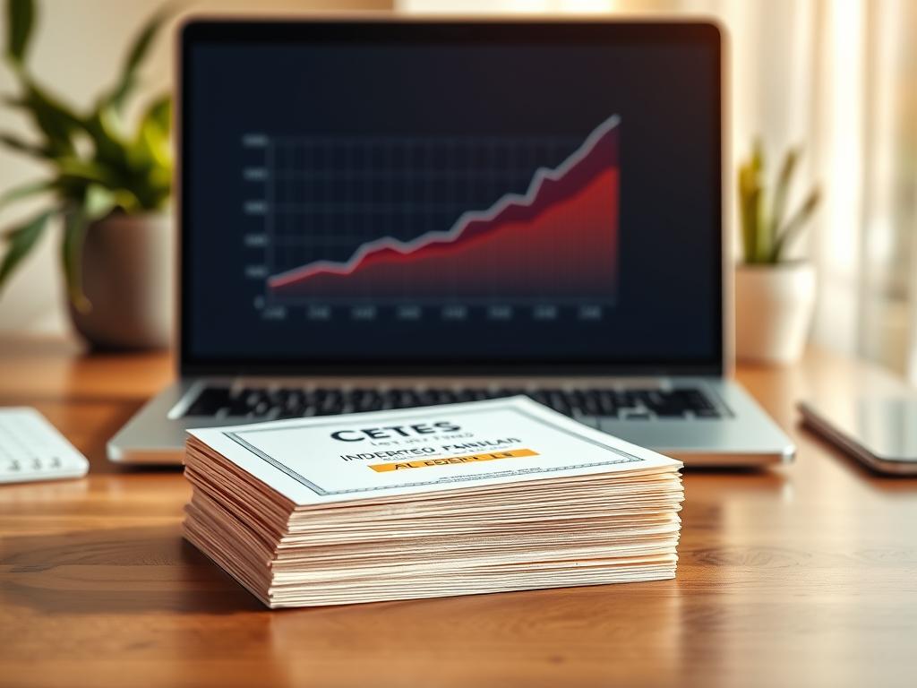 A tranquil financial landscape unfolds, showcasing the essence of "corto plazo" investments. In the foreground, a stack of CETES (Certificados de la Tesorería) documents rests atop a polished wooden desk, their crisp edges and clean lines embodying the short-term nature of these secure financial instruments. Behind them, a sleek, minimalist laptop display presents a graph depicting the steady, reliable growth of indexed fund performance over time. The background is softly blurred, conveying a sense of focus and clarity on the key elements of short-term investing strategies. Warm, natural lighting illuminates the scene, creating a serene, professional atmosphere that invites the viewer to consider the merits of these time-honored investment approaches. A tranquil financial landscape unfolds, showcasing the essence of "corto plazo" investments. In the foreground, a stack of CETES (Certificados de la Tesorería) documents rests atop a polished wooden desk, their crisp edges and clean lines embodying the short-term nature of these secure financial instruments. Behind them, a sleek, minimalist laptop display presents a graph depicting the steady, reliable growth of indexed fund performance over time. The background is softly blurred, conveying a sense of focus and clarity on the key elements of short-term investing strategies. Warm, natural lighting illuminates the scene, creating a serene, professional atmosphere that invites the viewer to consider the merits of these time-honored investment approaches.