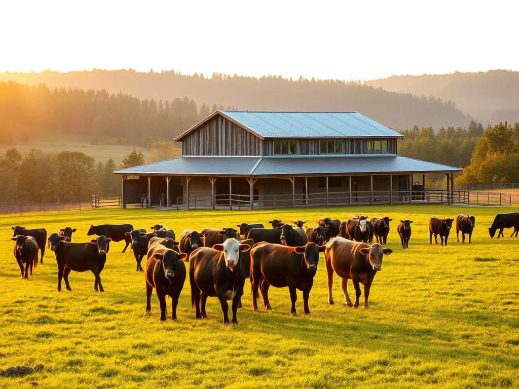A verdant pasture stretches out under a warm, golden sunset. In the foreground, a herd of sleek, well-fed cattle graze contentedly, their strong frames and shiny coats testament to a well-managed livestock operation. The middle ground features a modern, weathered barn with a wraparound porch, its wooden beams and tin roof complementing the rustic, countryside setting. In the background, rolling hills and wooded areas create a peaceful, bucolic scene. The lighting is soft and diffused, casting a gentle glow over the entire landscape and conveying a sense of tranquility and efficiency in livestock management.