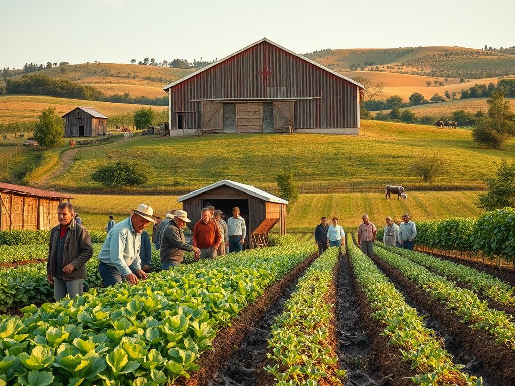 A vibrant agricultural cooperative scene, captured with a wide-angle lens, revealing a diverse array of farming practices and structures. In the foreground, a group of farmers tending to rows of lush crops, their weathered faces reflecting a deep connection to the land. In the middle ground, a large barn-like structure stands, its rustic wooden walls and metal roof a testament to the cooperative's communal spirit. Beyond, rolling hills dotted with orchards and grazing livestock, bathed in the warm glow of the afternoon sun, creating a sense of tranquility and abundance. The overall composition conveys the cooperative's multifaceted nature, where tradition, innovation, and community converge to support sustainable agricultural development.