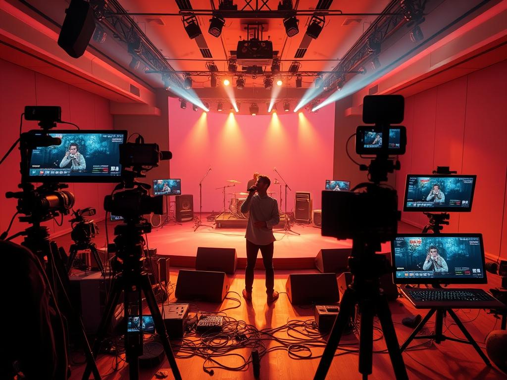 A vibrant and dynamic live streaming scene, with a prominent central stage bathed in warm, theatrical lighting. In the foreground, a performer stands confidently, microphone in hand, captivating the virtual audience. The middle ground features an array of modern, high-tech streaming equipment, including cameras, mixers, and computer monitors displaying real-time metrics and viewer statistics. The background showcases a sleek, minimalist studio setting, with clean lines and muted colors, creating a professional and immersive atmosphere. The overall composition conveys the energy and excitement of a live music performance, seamlessly blending the physical and digital realms of modern streaming platforms.