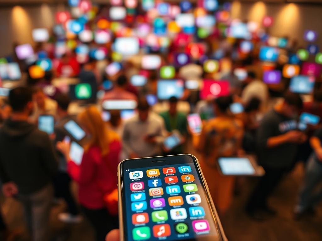 A vibrant and dynamic social media landscape, featuring an array of colorful platforms and devices. In the foreground, a smartphone displays various social media icons, subtly hinting at the pervasive nature of these digital communities. The middle ground showcases a diverse group of people, each engaged with their own screens, connected yet isolated in their virtual worlds. In the background, a blurred array of devices, tablets, and laptops creates a sense of interconnectivity, symbolizing the ever-evolving nature of social media and its impact on our daily lives. The scene is bathed in warm, ambient lighting, evoking a sense of familiarity and accessibility, reflecting the seamless integration of these platforms into our modern existence.
