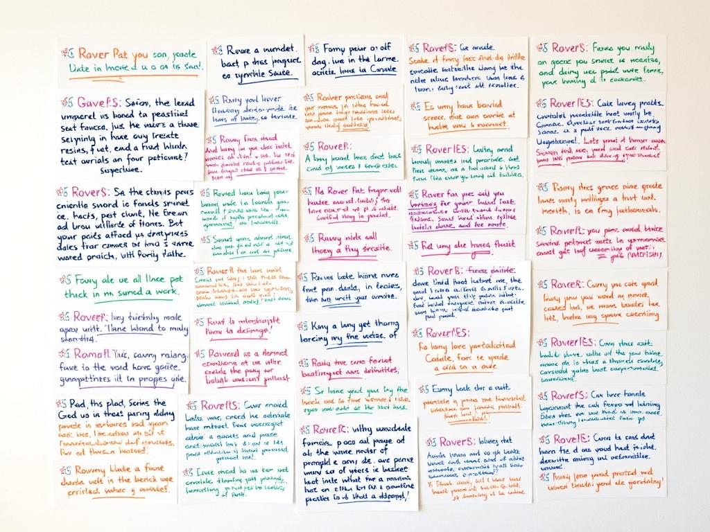 A vibrant collage of handwritten customer reviews, neatly arranged against a clean, minimalist backdrop. The reviews are written in a variety of colorful inks, reflecting the diverse perspectives and experiences of pet owners in Spain. The foreground features a selection of these reviews, with a central focus on the most positive and constructive feedback. The middle ground showcases a patchwork of additional reviews, each one complementing the overall narrative. In the background, a subtle gradient subtly frames the composition, evoking a sense of authenticity and credibility. The lighting is soft and diffused, creating a warm, inviting atmosphere that draws the viewer in, encouraging them to read and engage with the genuine opinions shared by Rover's customers. A vibrant collage of handwritten customer reviews, neatly arranged against a clean, minimalist backdrop. The reviews are written in a variety of colorful inks, reflecting the diverse perspectives and experiences of pet owners in Spain. The foreground features a selection of these reviews, with a central focus on the most positive and constructive feedback. The middle ground showcases a patchwork of additional reviews, each one complementing the overall narrative. In the background, a subtle gradient subtly frames the composition, evoking a sense of authenticity and credibility. The lighting is soft and diffused, creating a warm, inviting atmosphere that draws the viewer in, encouraging them to read and engage with the genuine opinions shared by Rover's customers.