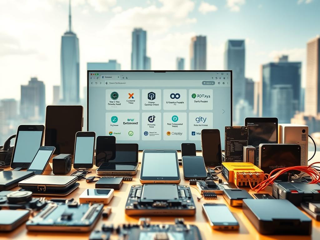 A vibrant, detailed scene depicting various mobile app development platforms and tools. In the foreground, an array of smart devices and hardware components are artfully arranged, showcasing the diversity of technologies involved. The middle ground features a clean, minimal user interface displaying a selection of popular development frameworks and IDEs. In the background, a softly blurred cityscape with skyscrapers and tech-infused architecture sets the stage for the digital innovation. The lighting is natural and warm, creating a sense of productivity and creativity. The overall composition conveys the comprehensive nature of mobile app development, from the physical devices to the powerful software solutions.