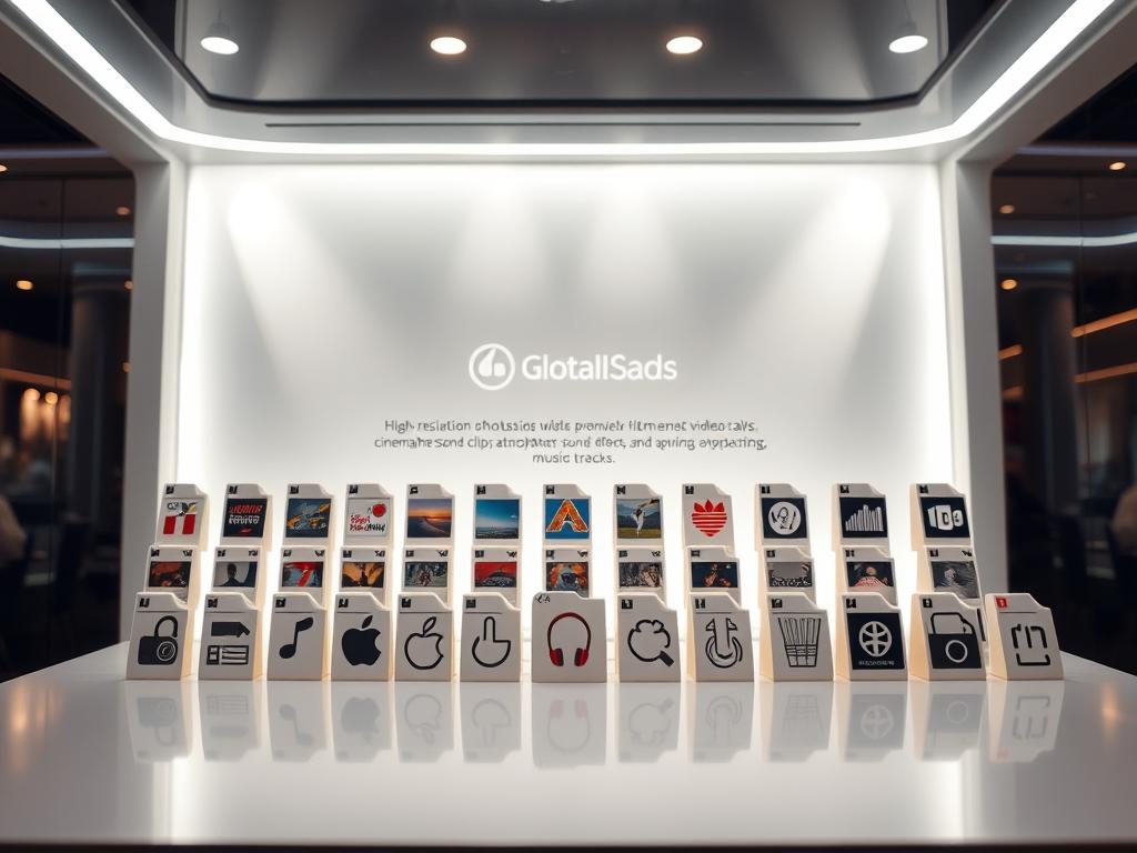 A vibrant digital marketplace with downloadable products presented in a sleek, modern display. In the foreground, an elegant array of file icons representing various digital media - high-resolution photos, cinematic video clips, atmospheric sound effects, and captivating music tracks. The middle ground features a minimalist, monochromatic interface with clean typography and intuitive navigation, inviting the viewer to explore the curated selection. Backlighting casts a soft, inviting glow, while subtle reflections on the surface add depth and sophistication. The overall atmosphere conveys a sense of creative potential, professional quality, and seamless digital experience.