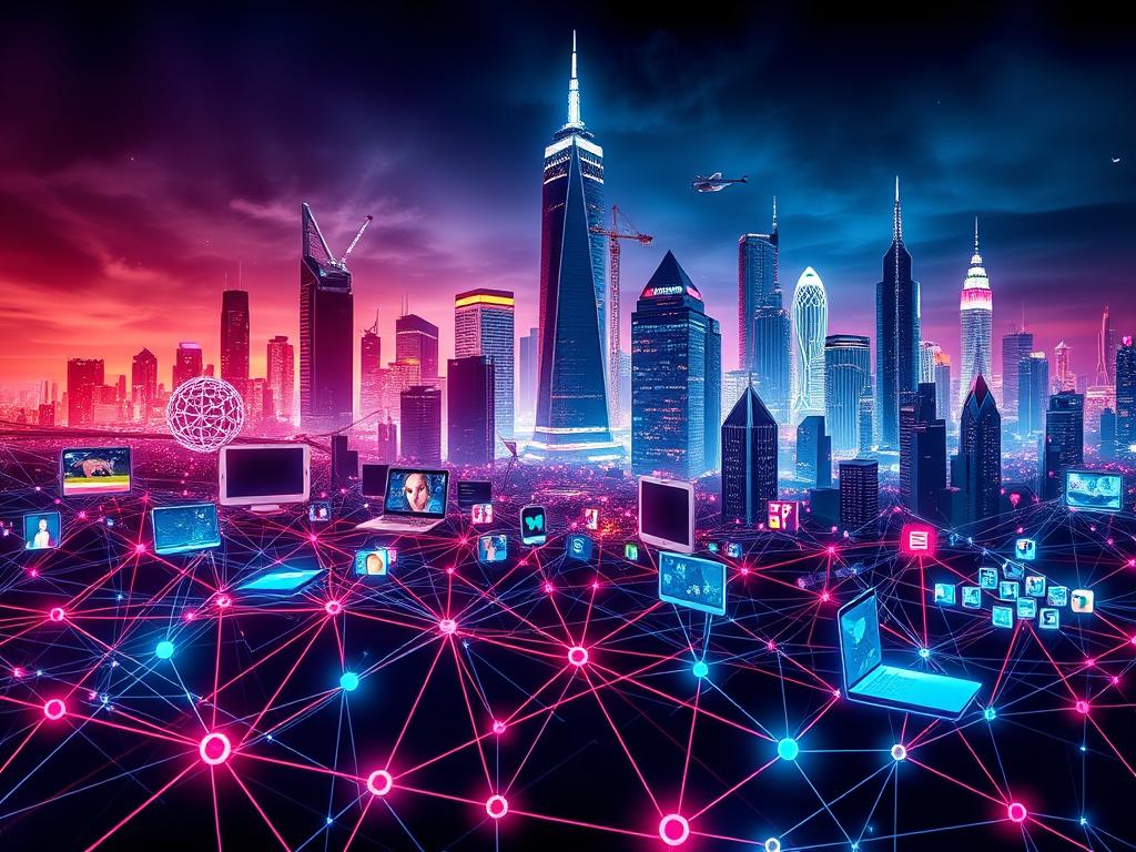 A vibrant, dynamic composition depicting the concept of "social networks". In the foreground, an intricate web of interconnected nodes and lines representing various social media platforms, rendered in a bold, geometric style. The middle ground features a diverse array of digital devices such as smartphones, tablets, and laptops, each displaying vibrant, abstract social media interfaces. In the background, a futuristic cityscape with towering skyscrapers, neon lights, and a pulsating energy, symbolizing the ubiquity of social media in modern life. The lighting is dramatic, with a mix of warm and cool tones, creating a sense of depth and movement. The overall atmosphere is one of technological interconnectedness, global communication, and the ever-evolving nature of social media.