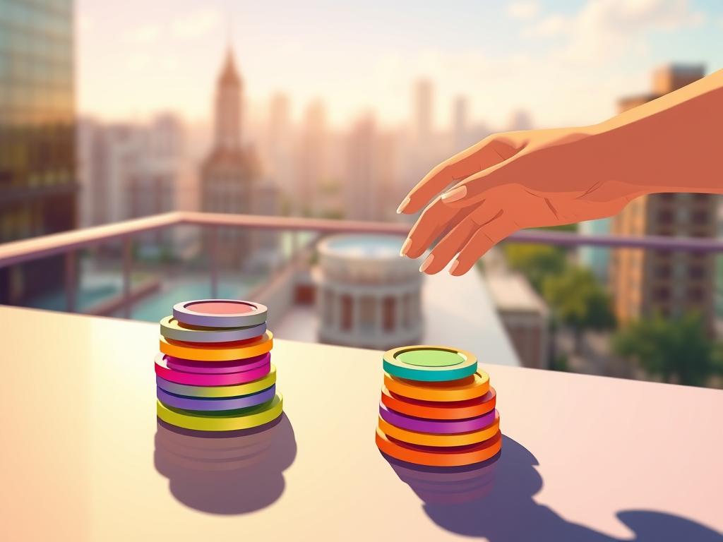 A vibrant illustration depicting the concept of "canjear puntos" (redeeming points). In the foreground, a stack of colorful reward points or tokens sit atop a sleek, modern surface, casting long shadows. In the middle ground, a hand extends towards the points, ready to exchange them for a tangible reward. The background features a blurred cityscape, hinting at the urban environment where these points can be redeemed for cash or prizes. The lighting is warm and inviting, creating a sense of excitement and anticipation around the act of redeeming accumulated points. The overall composition conveys the idea of transforming virtual rewards into real-world value.