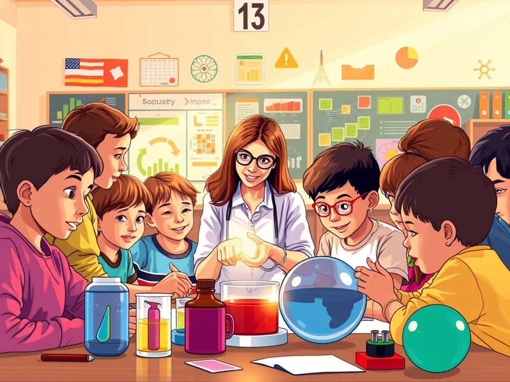 A vibrant illustration of primary and secondary education, set against a backdrop of a modern classroom. In the foreground, a group of diverse students engaged in hands-on STEM activities, their faces alight with curiosity and wonder. In the middle ground, a teacher guides them, encouraging exploration and experimentation. The classroom is bathed in warm, natural light, creating a sense of openness and discovery. In the background, colorful educational charts, diagrams, and interactive displays hint at the depth and breadth of the STEM curriculum. The overall atmosphere is one of a dynamic, collaborative learning environment, where students are empowered to develop their critical thinking and problem-solving skills.