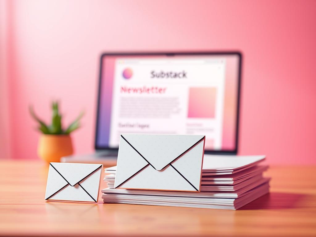 A vibrant newsletter design with a warm, inviting atmosphere. In the foreground, a stylized email envelope icon and a stack of papers or newsletters, conveying the idea of content creation and distribution. In the middle ground, a Substack-inspired user interface with clean typography and a simple, elegant layout. The background features a soft, blurred gradient in complementary colors, evoking a sense of digital technology and modern publishing. Subtle lighting from the top-left casts a gentle, professional glow across the scene. The overall composition should feel balanced, visually appealing, and representative of the "Creación y envío de contenido" section of the article.