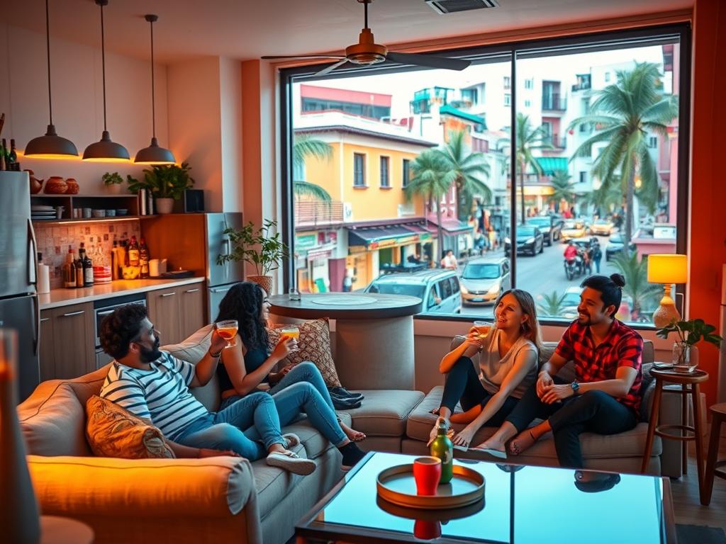 A vibrant scene of an Airbnb apartment in a bustling Mexican city, with a cozy and inviting atmosphere. In the foreground, a group of friends relaxing on a plush sectional sofa, sipping local craft cocktails and engaged in lively conversation. The middle ground features a modern, open-concept kitchen with gleaming appliances and a well-stocked bar. Large windows in the background overlook a lively street scene, filled with colorful buildings, palm trees, and the faint sound of mariachi music. Warm, diffused lighting creates a welcoming ambiance, while a mix of natural and artificial elements convey a sense of casual elegance. The overall composition evokes the spirit of Mexican hospitality and the joy of experiencing a new destination through the comfort of an Airbnb rental. A vibrant scene of an Airbnb apartment in a bustling Mexican city, with a cozy and inviting atmosphere. In the foreground, a group of friends relaxing on a plush sectional sofa, sipping local craft cocktails and engaged in lively conversation. The middle ground features a modern, open-concept kitchen with gleaming appliances and a well-stocked bar. Large windows in the background overlook a lively street scene, filled with colorful buildings, palm trees, and the faint sound of mariachi music. Warm, diffused lighting creates a welcoming ambiance, while a mix of natural and artificial elements convey a sense of casual elegance. The overall composition evokes the spirit of Mexican hospitality and the joy of experiencing a new destination through the comfort of an Airbnb rental.