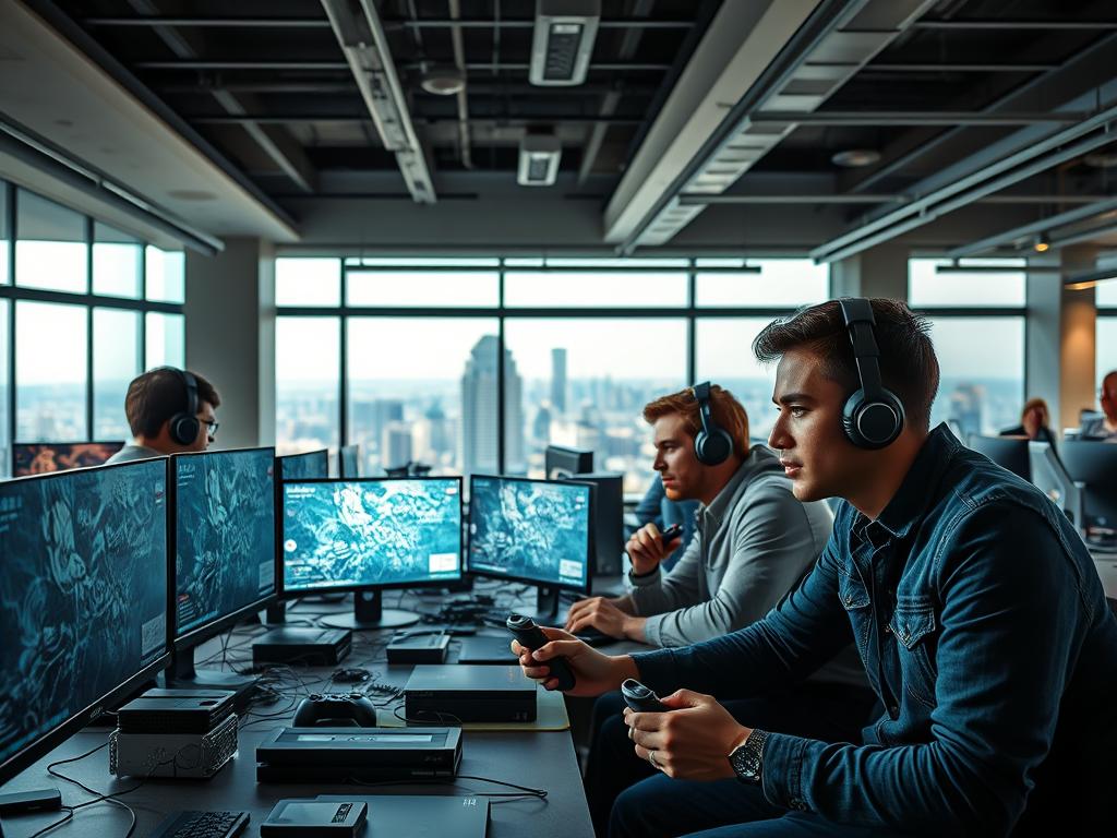 A vibrant scene of video game quality control in action. In the foreground, a team of game testers intently focused on their screens, hands darting across controllers. The middle ground showcases a diverse array of gaming devices - consoles, PCs, and mobile devices - each undergoing rigorous testing. The background depicts a modern, well-equipped game development studio, with large windows offering a panoramic view of a bustling city. Soft, directional lighting illuminates the workspace, creating a sense of professionalism and dedication to the craft. The atmosphere is one of intense concentration, with the testers working tirelessly to ensure an optimal player experience. A vibrant scene of video game quality control in action. In the foreground, a team of game testers intently focused on their screens, hands darting across controllers. The middle ground showcases a diverse array of gaming devices - consoles, PCs, and mobile devices - each undergoing rigorous testing. The background depicts a modern, well-equipped game development studio, with large windows offering a panoramic view of a bustling city. Soft, directional lighting illuminates the workspace, creating a sense of professionalism and dedication to the craft. The atmosphere is one of intense concentration, with the testers working tirelessly to ensure an optimal player experience.