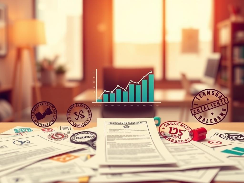 A vibrant, stock-style image showcasing the key elements of "licencias derechos imágenes" for an article on selling photos through platforms like Adobe Stock. The frame captures a diverse collection of documents, stamps, and icons in the foreground, representing the various licenses, rights, and commissions associated with image sales. The middle ground features a stylized graph or infographic, conveying financial data and earning potential. In the background, a softly blurred workspace or office setting creates a professional, authoritative atmosphere. Warm lighting and a clean, minimalist aesthetic lend an air of clarity and trustworthiness to the overall composition. A vibrant, stock-style image showcasing the key elements of "licencias derechos imágenes" for an article on selling photos through platforms like Adobe Stock. The frame captures a diverse collection of documents, stamps, and icons in the foreground, representing the various licenses, rights, and commissions associated with image sales. The middle ground features a stylized graph or infographic, conveying financial data and earning potential. In the background, a softly blurred workspace or office setting creates a professional, authoritative atmosphere. Warm lighting and a clean, minimalist aesthetic lend an air of clarity and trustworthiness to the overall composition.