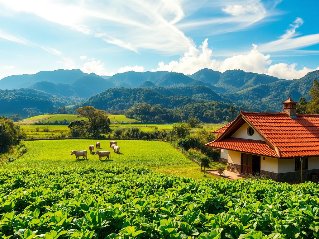 A vibrant, sun-dappled scene of a sustainable Costa Rican farm. In the foreground, lush green fields and a quaint farmhouse, its terracotta roof glowing warmly. Rows of thriving crops sway gently in the breeze, showcasing the bounty of sustainable agriculture. In the middle ground, a small herd of contented livestock graze peacefully, integrated into the land's natural cycles. The background reveals verdant hills and towering mountains, their slopes dotted with diverse flora and fauna, a testament to the region's ecological richness. Soft, golden light filters through wispy clouds, casting a serene, inviting atmosphere over the entire tableau, inspiring a sense of opportunity and potential for sustainable investment. A vibrant, sun-dappled scene of a sustainable Costa Rican farm. In the foreground, lush green fields and a quaint farmhouse, its terracotta roof glowing warmly. Rows of thriving crops sway gently in the breeze, showcasing the bounty of sustainable agriculture. In the middle ground, a small herd of contented livestock graze peacefully, integrated into the land's natural cycles. The background reveals verdant hills and towering mountains, their slopes dotted with diverse flora and fauna, a testament to the region's ecological richness. Soft, golden light filters through wispy clouds, casting a serene, inviting atmosphere over the entire tableau, inspiring a sense of opportunity and potential for sustainable investment.