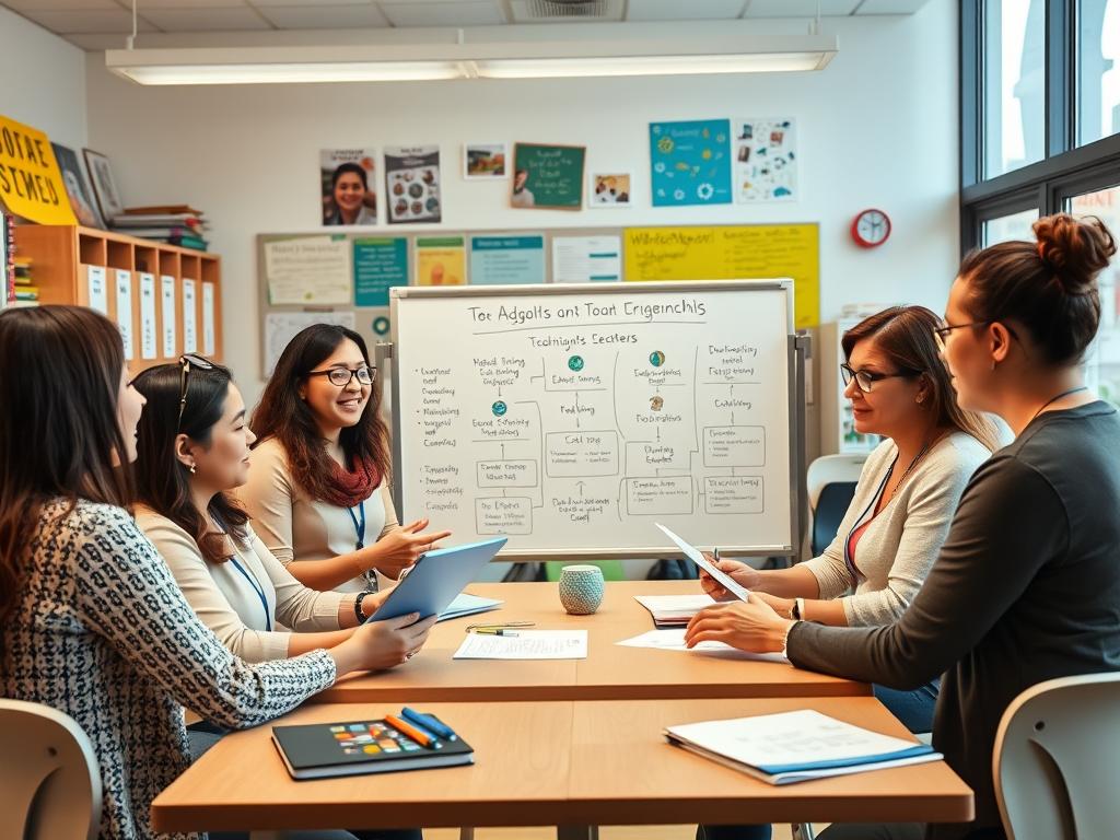 A vibrant, well-lit classroom with a group of diverse teachers collaborating around a central table. The foreground features four educators engaged in a lively discussion, gesturing animatedly as they review documents and digital devices. In the middle ground, a large whiteboard displays a detailed lesson plan, with icons and diagrams illustrating the model of working with educational centers and communities. The background showcases shelves of teaching resources, inspirational posters, and a window overlooking a bustling school courtyard. The overall scene conveys a sense of productive teamwork, professional development, and a dedication to STEM education.
