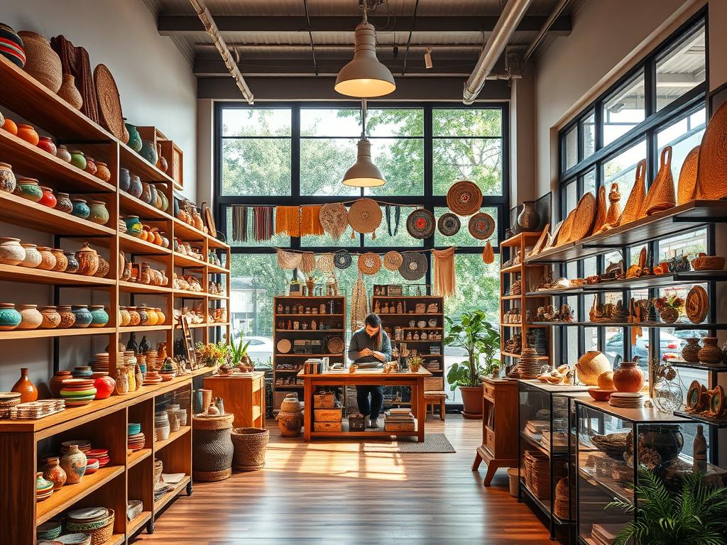 A vibrant, well-lit storefront showcasing a diverse array of handcrafted artisanal goods. Wooden shelves and display cases in the foreground feature colorful ceramics, woven textiles, and unique trinkets. The middle ground highlights a cozy counter area with a skilled artisan working on a new piece, surrounded by inspirational works. In the background, large windows allow natural light to flood the space, creating a warm and inviting atmosphere. Sleek, modern lighting fixtures illuminate the store, casting a soft glow over the meticulously curated merchandise. The overall design effortlessly blends traditional craftsmanship with contemporary aesthetics, embodying the essence of an online artisanal boutique. A vibrant, well-lit storefront showcasing a diverse array of handcrafted artisanal goods. Wooden shelves and display cases in the foreground feature colorful ceramics, woven textiles, and unique trinkets. The middle ground highlights a cozy counter area with a skilled artisan working on a new piece, surrounded by inspirational works. In the background, large windows allow natural light to flood the space, creating a warm and inviting atmosphere. Sleek, modern lighting fixtures illuminate the store, casting a soft glow over the meticulously curated merchandise. The overall design effortlessly blends traditional craftsmanship with contemporary aesthetics, embodying the essence of an online artisanal boutique.