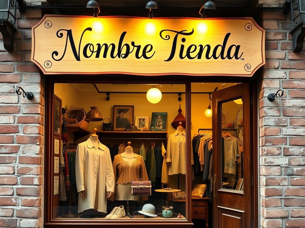 A vintage clothing store with a warm, inviting atmosphere. The storefront features a hand-painted sign with the name "Nombre Tienda" in a classic cursive font, complemented by ornate wrought-iron decorations. The display window showcases an artful arrangement of retro-inspired garments, accessories, and props, creating a sense of nostalgia. The lighting is soft and ambient, casting a golden glow over the scene. The facade is made of weathered brick, with a wooden door and trim that add to the charming, old-world aesthetic. The overall composition conveys a sense of timeless elegance and a passion for curating unique, one-of-a-kind vintage finds.