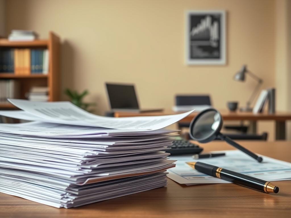 A visually striking and informative image of "requisitos fiscales" (tax requirements) in Spain. The foreground depicts a stack of official-looking documents, invoices, and forms, conveying the sense of complex tax obligations. The middle ground showcases a calculator, a magnifying glass, and a pen, suggesting the need for careful financial analysis and record-keeping. The background features a muted, warm-toned office setting with a bookshelf, a desk, and a window, creating a professional atmosphere. The lighting is soft and diffused, casting gentle shadows to add depth and texture. The overall composition and color palette evoke a sense of seriousness, attention to detail, and the importance of understanding and complying with fiscal requirements for businesses and individuals in Spain. A visually striking and informative image of "requisitos fiscales" (tax requirements) in Spain. The foreground depicts a stack of official-looking documents, invoices, and forms, conveying the sense of complex tax obligations. The middle ground showcases a calculator, a magnifying glass, and a pen, suggesting the need for careful financial analysis and record-keeping. The background features a muted, warm-toned office setting with a bookshelf, a desk, and a window, creating a professional atmosphere. The lighting is soft and diffused, casting gentle shadows to add depth and texture. The overall composition and color palette evoke a sense of seriousness, attention to detail, and the importance of understanding and complying with fiscal requirements for businesses and individuals in Spain.