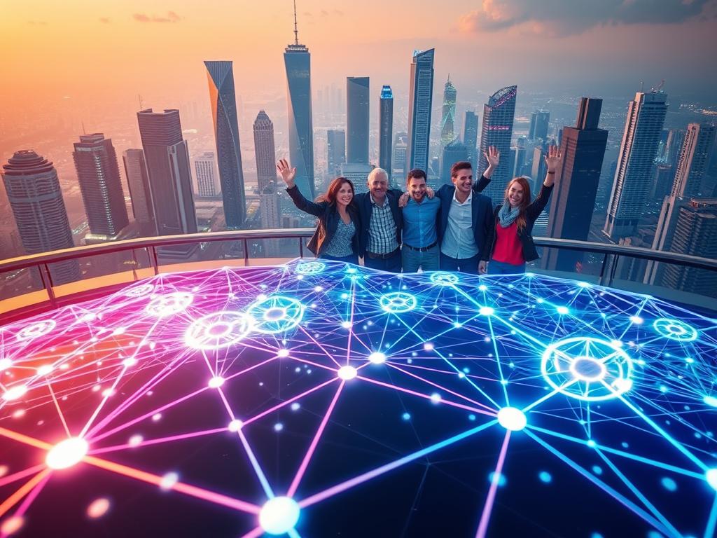 A visually striking blockchain success story, captured in high detail. In the foreground, a gleaming blockchain network diagram pulsates with dynamic energy, its nodes interconnected by vivid neon-lit pathways. In the middle ground, a group of blockchain pioneers celebrate their achievements, their expressions radiating a sense of triumph. The background is a futuristic cityscape, its towering skyscrapers and sleek architecture reflecting the transformative impact of blockchain technology. Soft, warm lighting bathes the scene, evoking a mood of innovation, progress, and limitless potential. Shot with a wide-angle lens to convey a sense of grandeur and scale, this image powerfully illustrates the thrilling successes of blockchain investments.