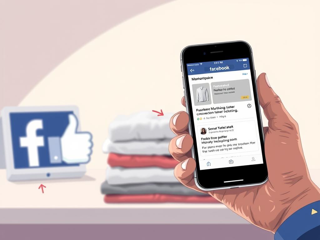 A well-lit, detailed illustration of the steps involved in publishing a secondhand clothing item on Facebook Marketplace. In the foreground, a hand holding a smartphone with the Marketplace app open, guiding the viewer through the product listing process. In the middle ground, a stack of folded clothes, representing the inventory for sale. In the background, a subtle Facebook logo and interface elements, establishing the digital sales environment. The overall mood is focused and instructional, with a clean, minimalist aesthetic to match the user-friendly Marketplace platform.