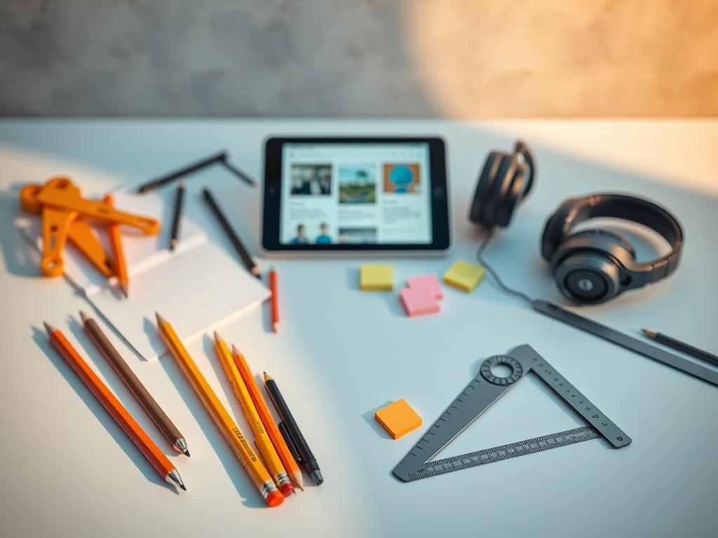 A well-organized composition of various STEM learning tools and accessories on a clean, minimalist desktop setup. In the foreground, a selection of high-quality drafting pencils, mechanical pens, and a sleek geometry set with a protractor, ruler, and compass. In the middle ground, a tablet device displaying educational content, surrounded by scattered notepads, sticky notes, and a pair of ergonomic headphones. The background features a soft, blurred gradient in shades of light blue and gray, evoking a sense of focus and productivity. Warm, directional lighting creates subtle shadows and highlights the tactile nature of the tools, while a slightly elevated camera angle provides an inviting, bird's-eye perspective.