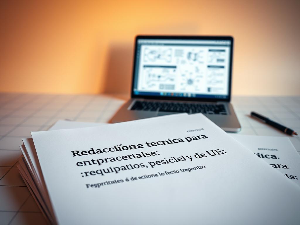 A well-organized technical document with a clean, minimalist design. The foreground features a neatly arranged stack of papers with crisp, legible typography showcasing the section title "Redacción técnica para empresas de la UE: requisitos, procedimiento y formato". The middle ground displays a laptop or tablet displaying schematics, diagrams, and other technical content relevant to the subject matter. The background is a plain, soft-colored workspace with subtle grid patterns, suggesting a professional, corporate setting. Warm, directional lighting from the side creates depth and highlights the textures of the materials. The overall mood is one of efficiency, clarity, and attention to detail, reflecting the subject of technical writing for EU businesses.