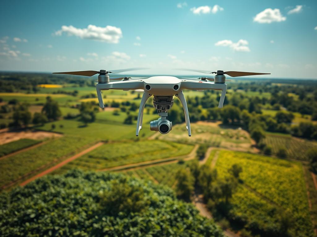 Agricultural drones hovering over a lush, verdant Paraguayan farmland, capturing detailed aerial footage of precision farming techniques. Sleek, futuristic drones equipped with high-resolution cameras and advanced sensors glide effortlessly through the sunlit skies, providing a bird's-eye view of the intricate patchwork of cultivated fields below. The scene exudes a sense of technological innovation and scientific progress, seamlessly blending with the natural beauty of the rural landscape. The drones' efficient and data-driven approach to agriculture reflects the cutting-edge software solutions that empower Paraguayan farmers to optimize their operations and maximize productivity.