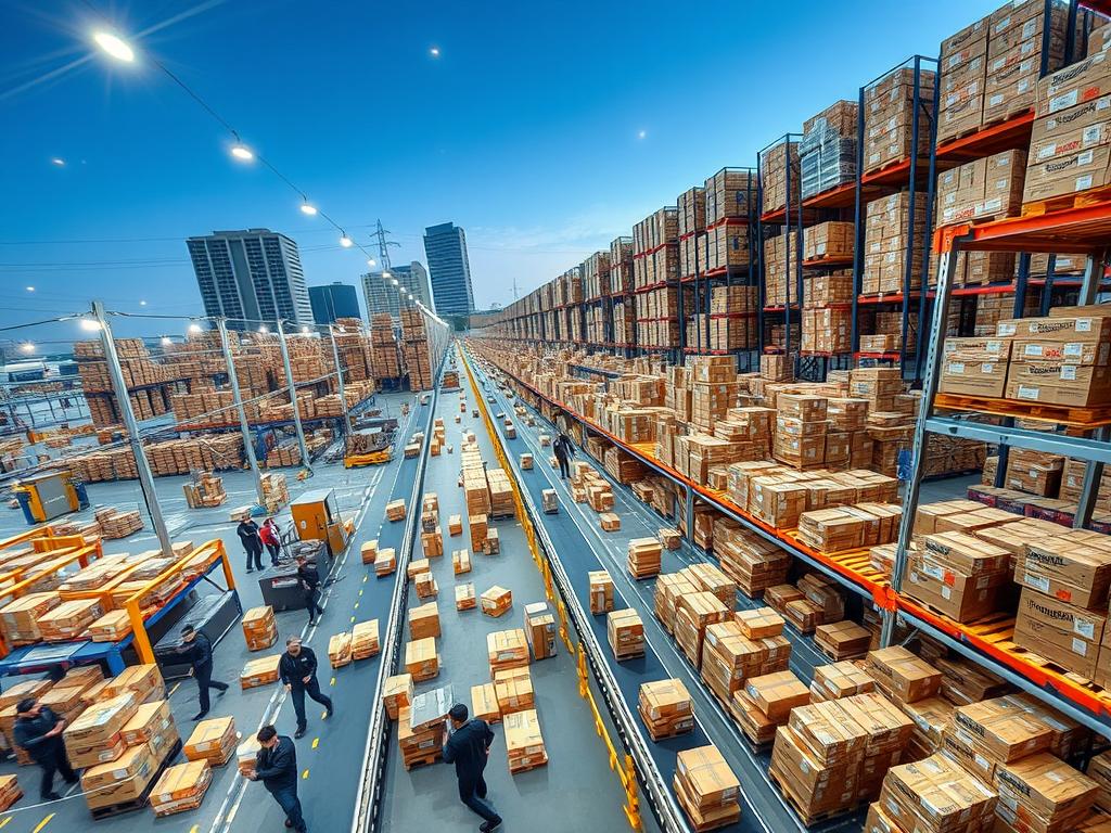 An aerial view of a bustling logistics center, with rows of shelves and conveyor belts transporting packages emblazoned with the Mercado Libre and Amazon logos. Bright, fluorescent lighting illuminates the scene, creating a sense of efficiency and organization. In the foreground, workers in uniforms navigate the space, carefully handling the merchandise. The background features towering warehouse buildings and a clear, blue sky, suggesting the scale and scope of these e-commerce operations. The overall atmosphere conveys the complexity and importance of logistics in the thriving online marketplaces of Mercado Libre and Amazon MX. An aerial view of a bustling logistics center, with rows of shelves and conveyor belts transporting packages emblazoned with the Mercado Libre and Amazon logos. Bright, fluorescent lighting illuminates the scene, creating a sense of efficiency and organization. In the foreground, workers in uniforms navigate the space, carefully handling the merchandise. The background features towering warehouse buildings and a clear, blue sky, suggesting the scale and scope of these e-commerce operations. The overall atmosphere conveys the complexity and importance of logistics in the thriving online marketplaces of Mercado Libre and Amazon MX.