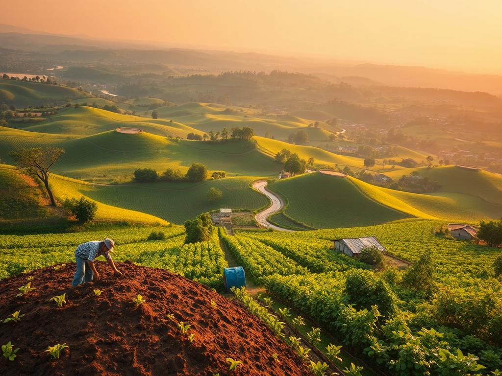An aerial view of a lush, verdant farmstead, its rolling hills dotted with thriving crops and orchards. In the foreground, a farmer inspects the soil, evaluating its fertility and sustainability. The middle ground reveals a network of irrigation canals and windbreaks, showcasing the farm's innovative water management and biodiversity practices. In the background, a serene pastoral landscape unfolds, with distant mountains and a warm, golden-hour sky casting a tranquil glow over the entire scene. Soft, diffused lighting illuminates the verdant foliage and healthy vegetation, creating a sense of harmony and environmental stewardship. An aerial view of a lush, verdant farmstead, its rolling hills dotted with thriving crops and orchards. In the foreground, a farmer inspects the soil, evaluating its fertility and sustainability. The middle ground reveals a network of irrigation canals and windbreaks, showcasing the farm's innovative water management and biodiversity practices. In the background, a serene pastoral landscape unfolds, with distant mountains and a warm, golden-hour sky casting a tranquil glow over the entire scene. Soft, diffused lighting illuminates the verdant foliage and healthy vegetation, creating a sense of harmony and environmental stewardship.