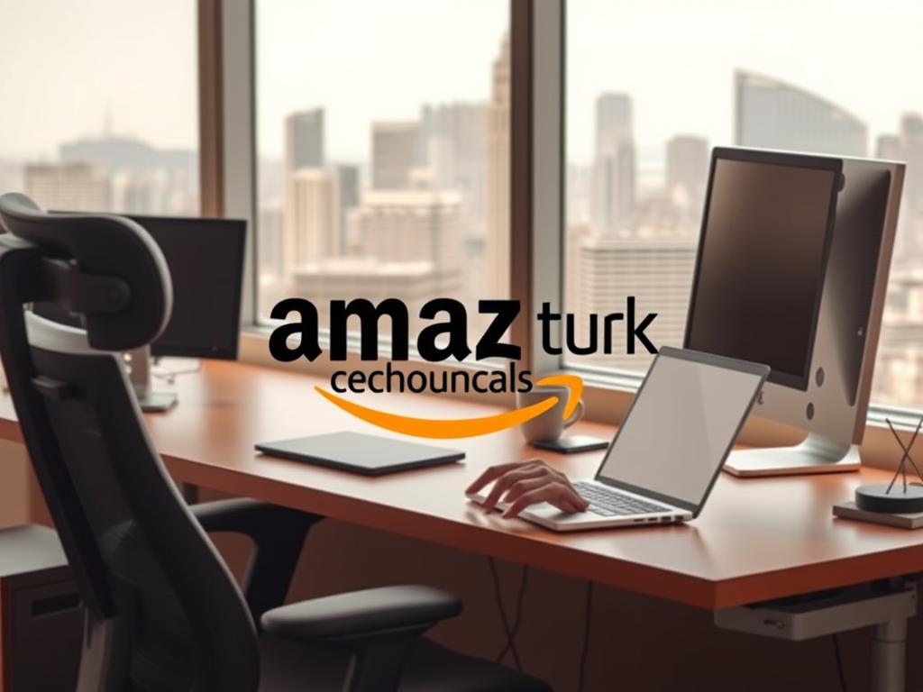 An ergonomic computer workstation with a desk, chair, and monitor. In the foreground, a person's hands are working on a laptop, representing the human involvement in the microtasks. In the middle ground, the Amazon Mechanical Turk logo is prominently displayed, indicating the platform where the microtasks are performed. The background features a cityscape with skyscrapers, conveying the global reach and scale of the platform. The lighting is natural and warm, creating a productive and professional atmosphere. The camera angle is slightly elevated, providing a broad view of the scene.