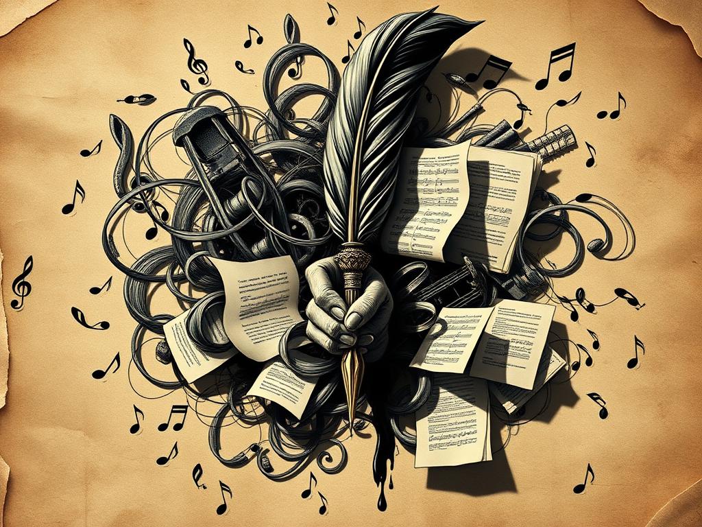 An intricate and dynamic illustration of "derechos autor" in a musical streaming context. A central focal point depicts an ornate, antique-style quill pen grasped by a disembodied hand, its nib dripping with ink. Surrounding this, a swirling maelstrom of musical notes, treble clefs, and legal documents, all rendered in a high-contrast, chiaroscuro style. The background is a subtly textured parchment, lending an aged, official aesthetic. Dramatic, directional lighting casts dramatic shadows, heightening the sense of gravity and importance. The overall composition conveys the complex interplay of creativity, intellectual property, and the legal frameworks governing the streaming music industry.