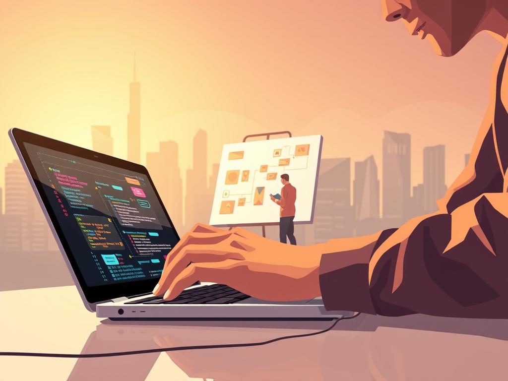 Detailed illustration of mobile app development process. In the foreground, a developer's hand coding on a sleek laptop, surrounded by vibrant UI design elements. In the middle ground, a team of developers collaborating on a whiteboard, discussing architecture and features. In the background, a city skyline with towering skyscrapers, representing the scale and scope of modern mobile apps. Warm, soft lighting casts a productive, innovative atmosphere. Camera angle positioned slightly above to convey a sense of progress and accomplishment. Muted color palette with pops of bold primary colors to reflect the technical and creative nature of mobile app development.