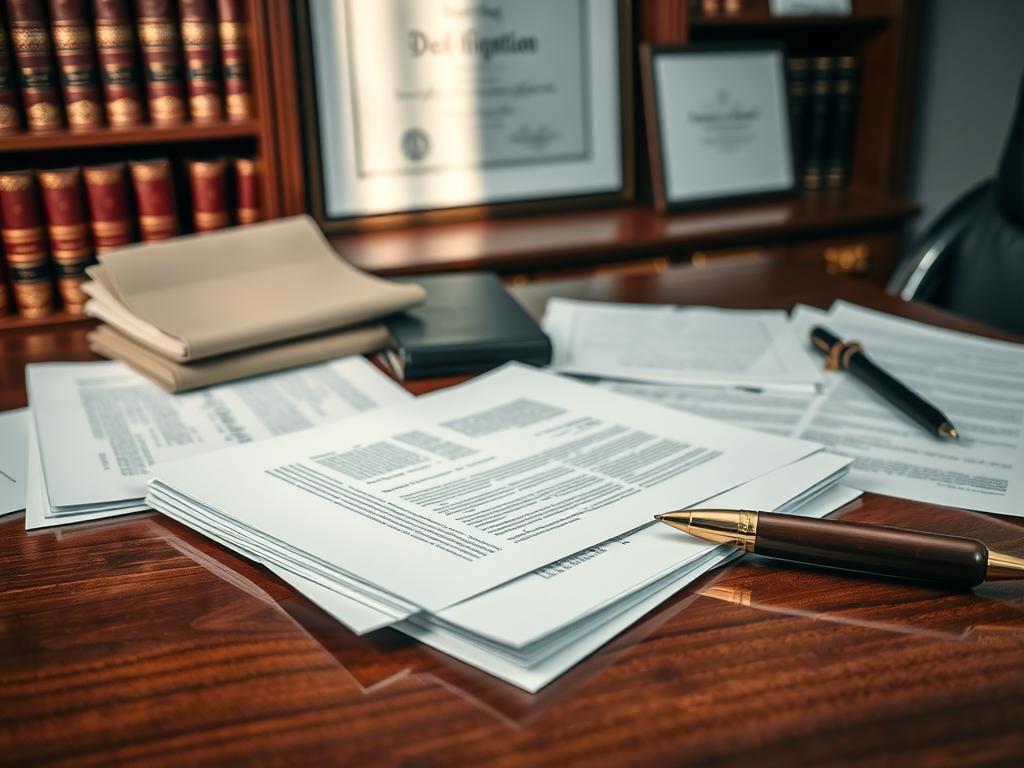 Documentos, an elegant arrangement of legal papers, contracts, and official documents, meticulously placed on a polished mahogany desk. Soft, directional lighting casts gentle shadows, highlighting the intricate textures and subtle hues of the various materials. In the background, a bookshelf filled with leather-bound tomes and a framed diploma add a sense of professionalism and authority to the scene. The overall mood is one of precision, attention to detail, and the serious nature of legal translation and interpretation. The composition is balanced, with a clear focal point drawing the viewer's eye to the central documents, conveying a sense of importance and significance.