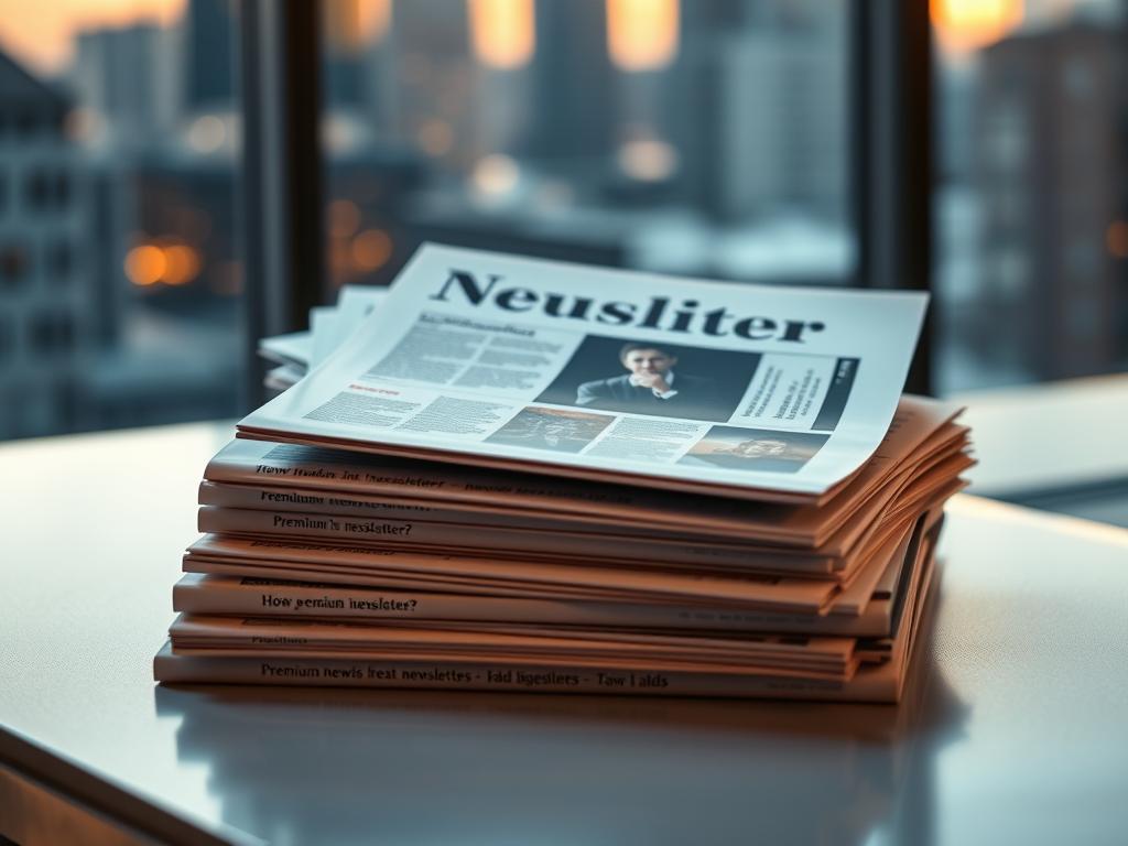 Exclusive content: A stack of premium newsletters, each with a glossy cover showcasing an enticing headline. The newsletters are arranged on a sleek, modern desk, bathed in warm, directional lighting that accentuates their high-quality production. In the background, a blurred cityscape hints at the professional, urban setting. The overall mood conveys a sense of exclusivity, value, and the feeling of being privy to privileged information, reflecting the essence of creating paid newsletters on Substack.