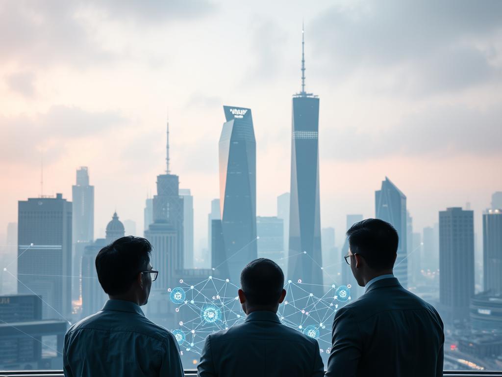 Futuristic cityscape of towering blockchain-inspired skyscrapers, with holographic displays and digital networks pulsing through the air. In the foreground, a group of investors studying sleek, minimalist blockchain diagrams projected onto a transparent touchscreen interface. Muted neon hues cast a technological glow across the scene, while the background is shrouded in a sense of mystery and anticipation, hinting at the untapped potential of this emerging industry. Crisp, cinematic lighting emphasizes the clean lines and digital aesthetic, capturing the essence of blockchain's transformative impact on the world of investment and startups.